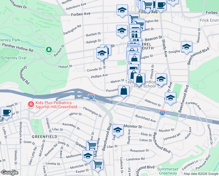 map of restaurants, bars, coffee shops, grocery stores, and more near 5575 Pocusset Street in Pittsburgh