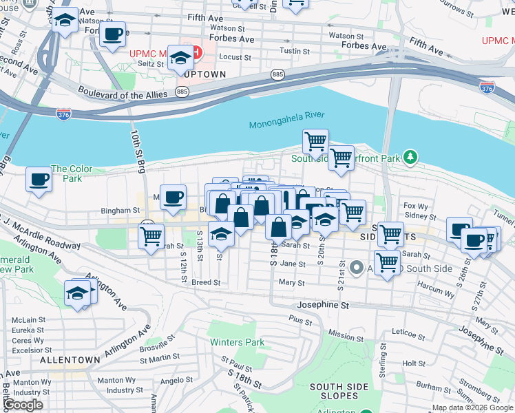 map of restaurants, bars, coffee shops, grocery stores, and more near 1711 Wrights Way in Pittsburgh