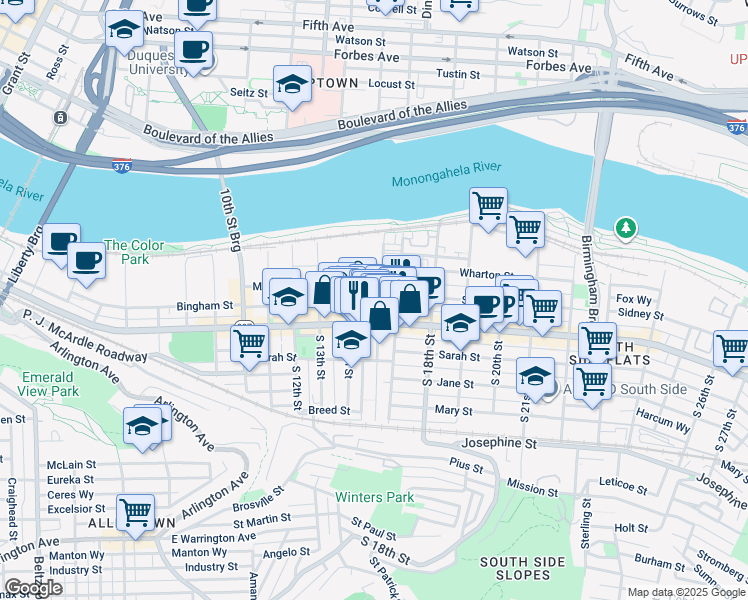 map of restaurants, bars, coffee shops, grocery stores, and more near in Pittsburgh