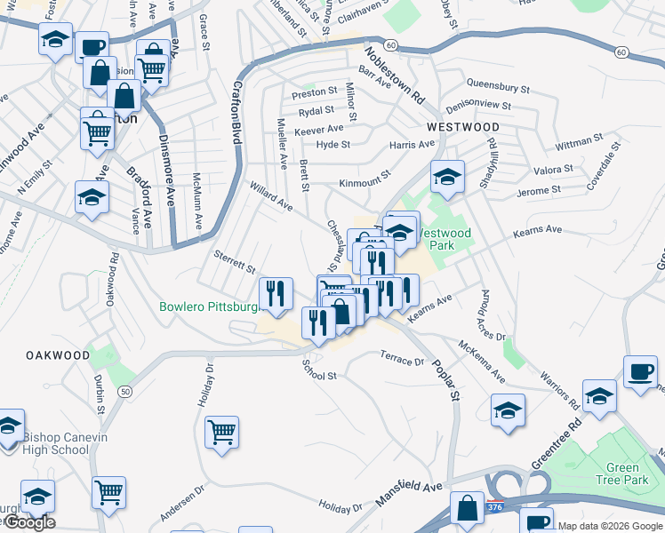 map of restaurants, bars, coffee shops, grocery stores, and more near 1831 Chessland Street in Pittsburgh
