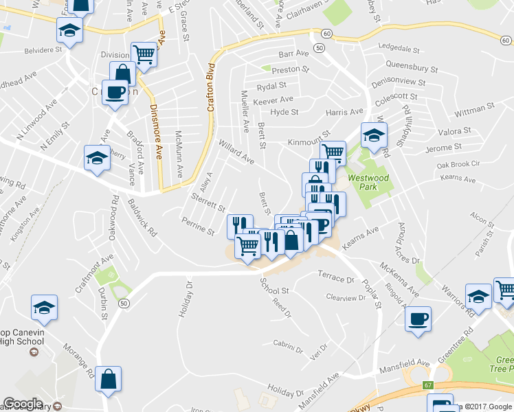 map of restaurants, bars, coffee shops, grocery stores, and more near 105 Sterrett Street in Pittsburgh