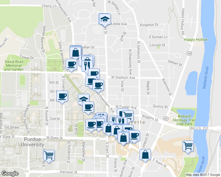 map of restaurants, bars, coffee shops, grocery stores, and more near 460 Grant Street in West Lafayette