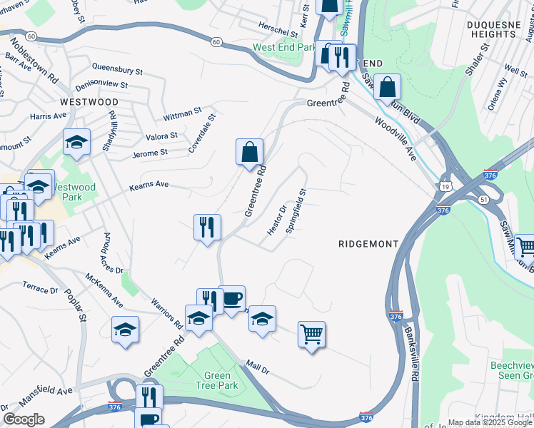 map of restaurants, bars, coffee shops, grocery stores, and more near 639 Ridgemont Drive in Pittsburgh