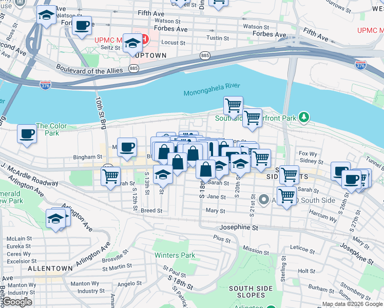 map of restaurants, bars, coffee shops, grocery stores, and more near 1708 Sidney Street in Pittsburgh