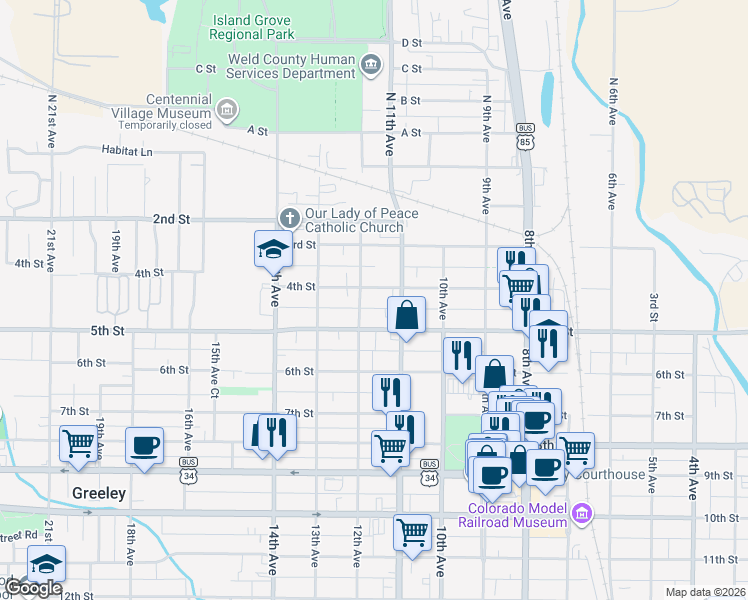 map of restaurants, bars, coffee shops, grocery stores, and more near 1112 4th Street in Greeley