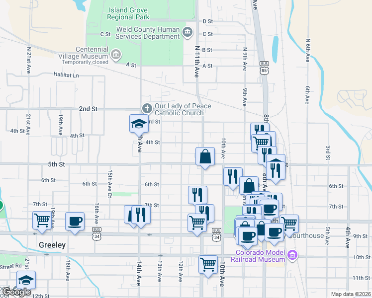 map of restaurants, bars, coffee shops, grocery stores, and more near 1112 4th Street in Greeley