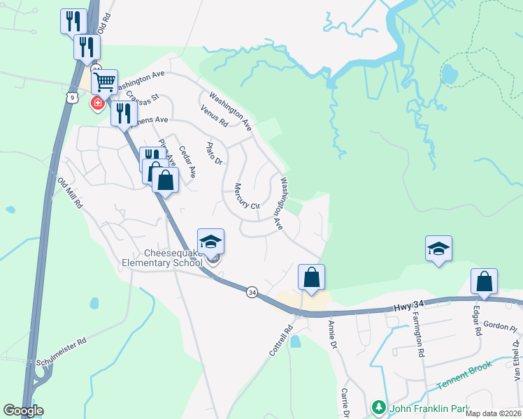 map of restaurants, bars, coffee shops, grocery stores, and more near 39 Mercury Circle in South Amboy