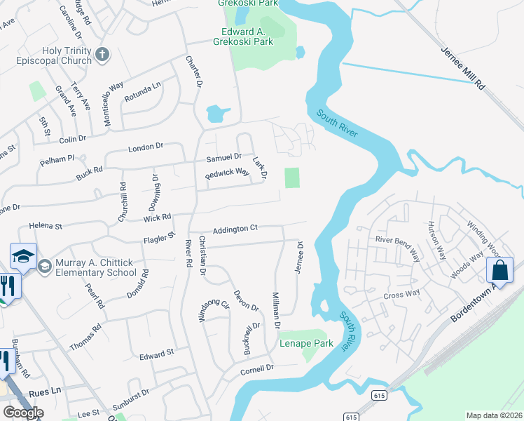 map of restaurants, bars, coffee shops, grocery stores, and more near 49 Veterans Drive in South River