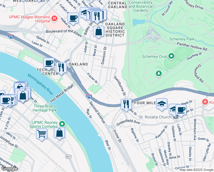 map of restaurants, bars, coffee shops, grocery stores, and more near 3706 Orpwood Street in Pittsburgh