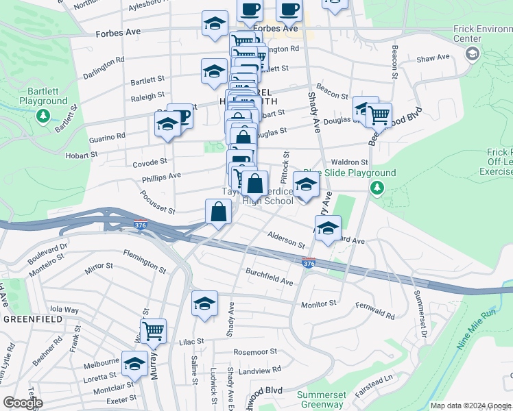 map of restaurants, bars, coffee shops, grocery stores, and more near 2370 Eldridge Street in Pittsburgh