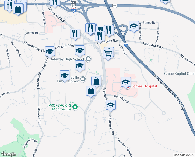 map of restaurants, bars, coffee shops, grocery stores, and more near 2589 Mosside Boulevard in Monroeville