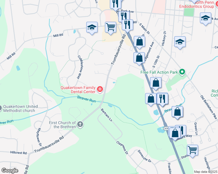 map of restaurants, bars, coffee shops, grocery stores, and more near 239 Trumbauersville Road in Quakertown