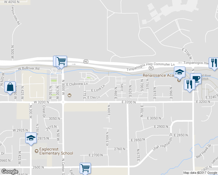 map of restaurants, bars, coffee shops, grocery stores, and more near 407 East Clay Lane in Lehi