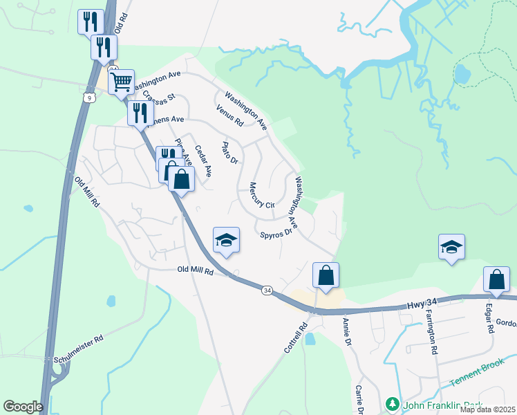 map of restaurants, bars, coffee shops, grocery stores, and more near 39 Mercury Circle in South Amboy
