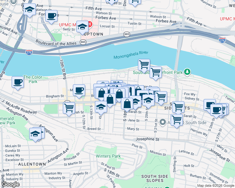 map of restaurants, bars, coffee shops, grocery stores, and more near 1711 Wrights Way in Pittsburgh