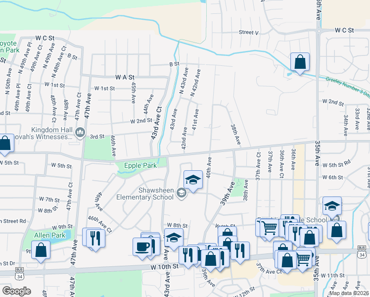 map of restaurants, bars, coffee shops, grocery stores, and more near 4125 West 4th Street in Greeley