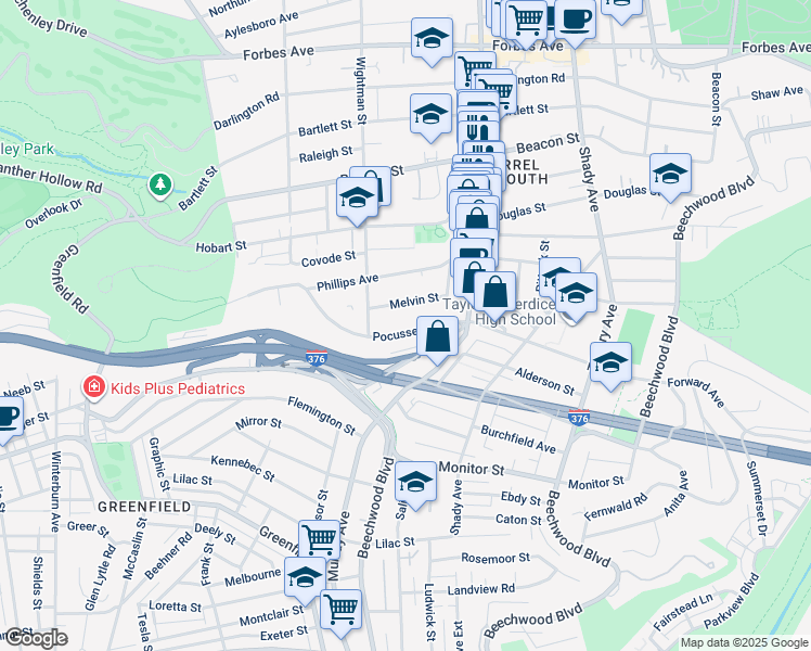 map of restaurants, bars, coffee shops, grocery stores, and more near 5639 Pocusset Street in Pittsburgh