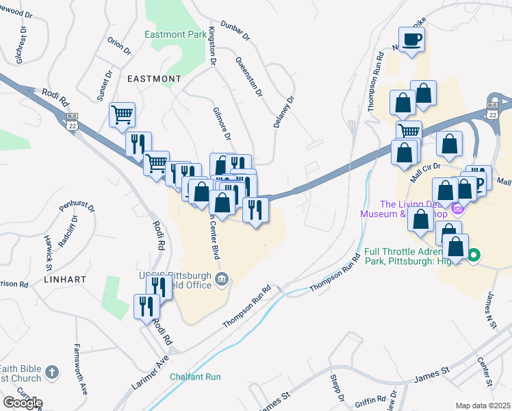 map of restaurants, bars, coffee shops, grocery stores, and more near 135 Kingston Drive in Pittsburgh