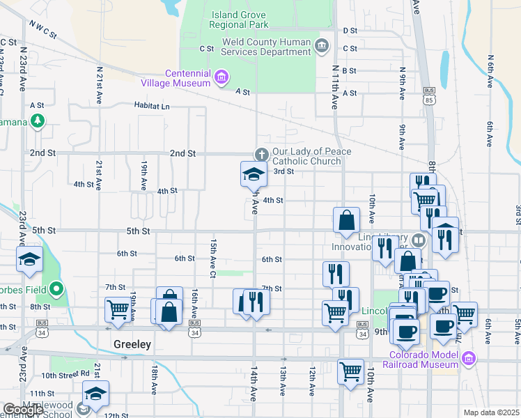 map of restaurants, bars, coffee shops, grocery stores, and more near 408 14th Avenue in Greeley