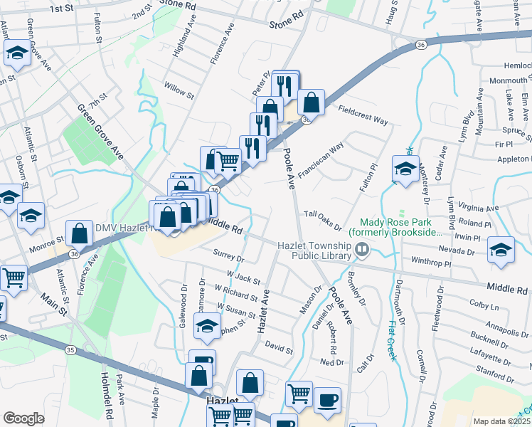 map of restaurants, bars, coffee shops, grocery stores, and more near 11 Carriage Road North in Hazlet