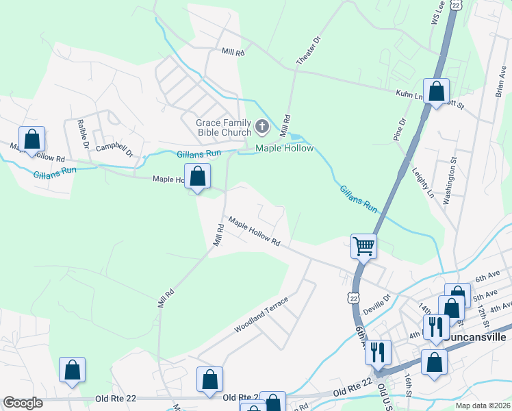 map of restaurants, bars, coffee shops, grocery stores, and more near 280 Maple Hollow Road in Duncansville