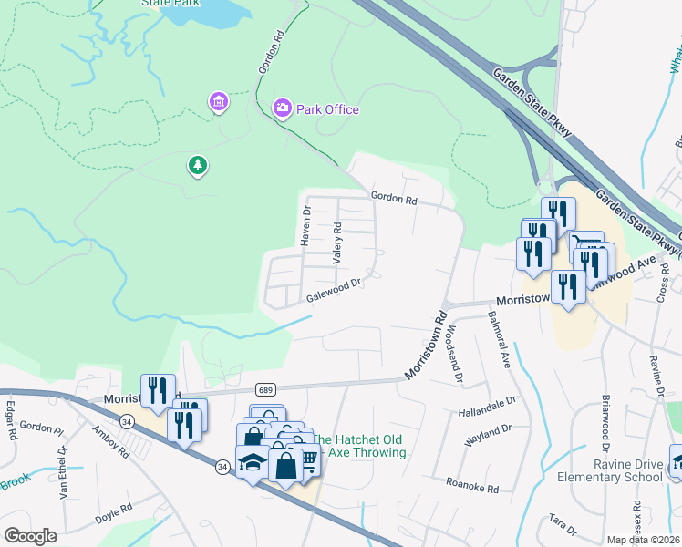 map of restaurants, bars, coffee shops, grocery stores, and more near 20 Galewood Drive in Matawan