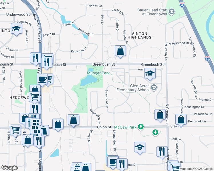 map of restaurants, bars, coffee shops, grocery stores, and more near 1208 Beaumont Drive in Lafayette