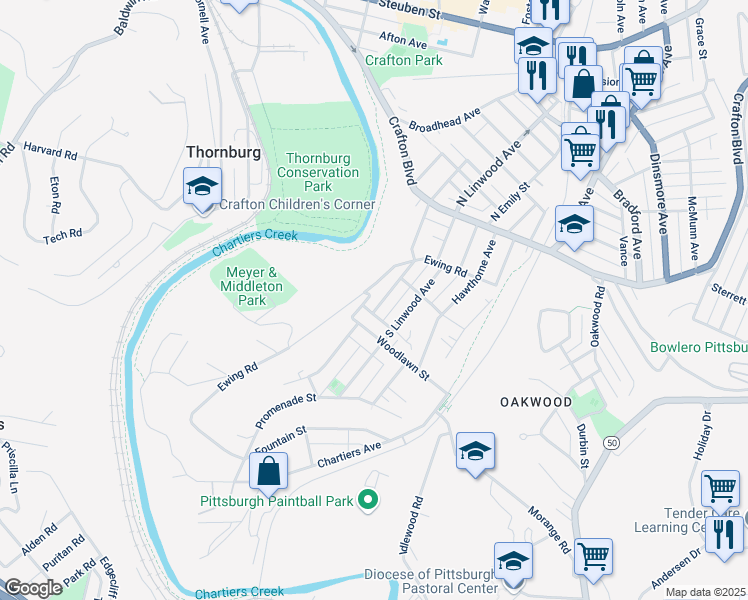 map of restaurants, bars, coffee shops, grocery stores, and more near 100 South Grandview Avenue in Pittsburgh