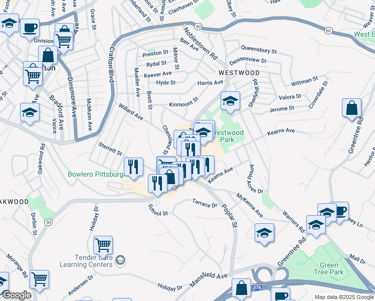 map of restaurants, bars, coffee shops, grocery stores, and more near 2222 Noblestown Road in Pittsburgh