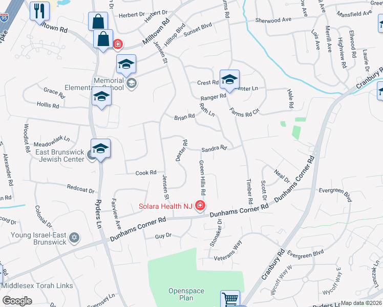 map of restaurants, bars, coffee shops, grocery stores, and more near 4 Sandra Road in East Brunswick