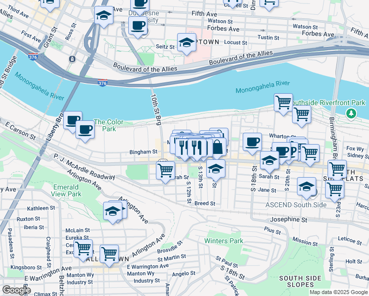map of restaurants, bars, coffee shops, grocery stores, and more near 67 Bedford Square in Pittsburgh