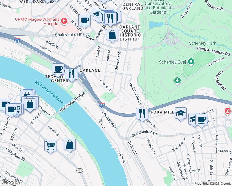 map of restaurants, bars, coffee shops, grocery stores, and more near 3706 Orpwood Street in Pittsburgh