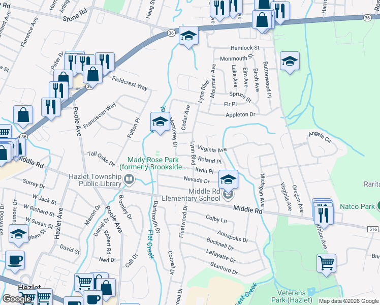 map of restaurants, bars, coffee shops, grocery stores, and more near 24 Roland Place in Hazlet