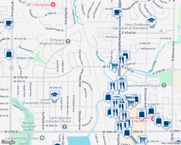 map of restaurants, bars, coffee shops, grocery stores, and more near 3636 Butternut Drive in Loveland
