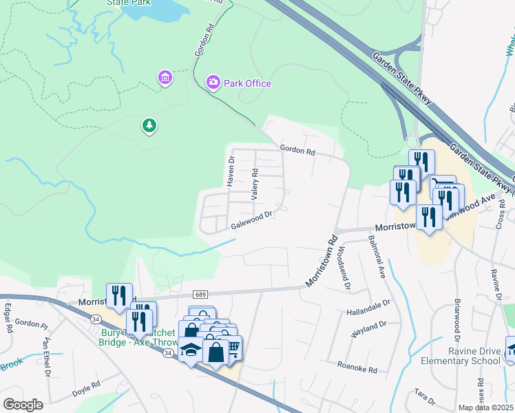 map of restaurants, bars, coffee shops, grocery stores, and more near 20 Galewood Drive in Matawan