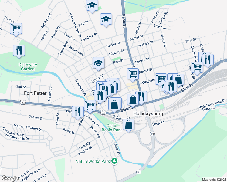 map of restaurants, bars, coffee shops, grocery stores, and more near 301 Allegheny St in Hollidaysburg