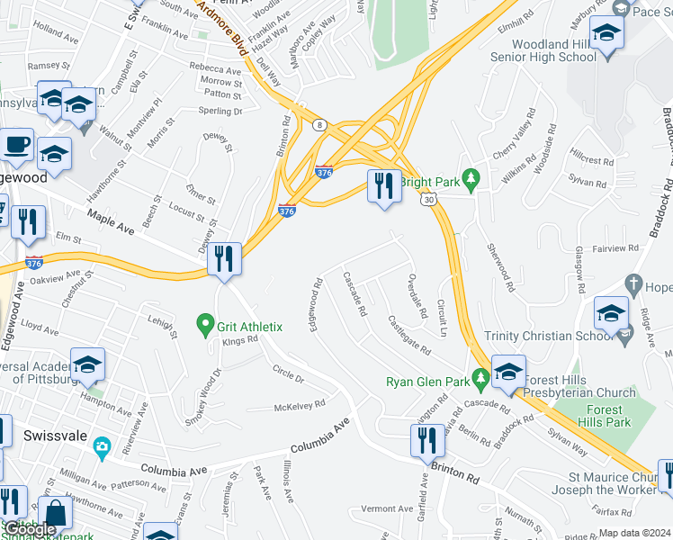 map of restaurants, bars, coffee shops, grocery stores, and more near 102 Cascade Road in Pittsburgh
