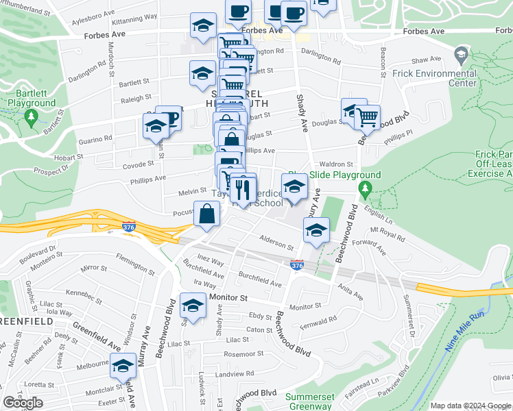 map of restaurants, bars, coffee shops, grocery stores, and more near 5841 Forward Avenue in Pittsburgh