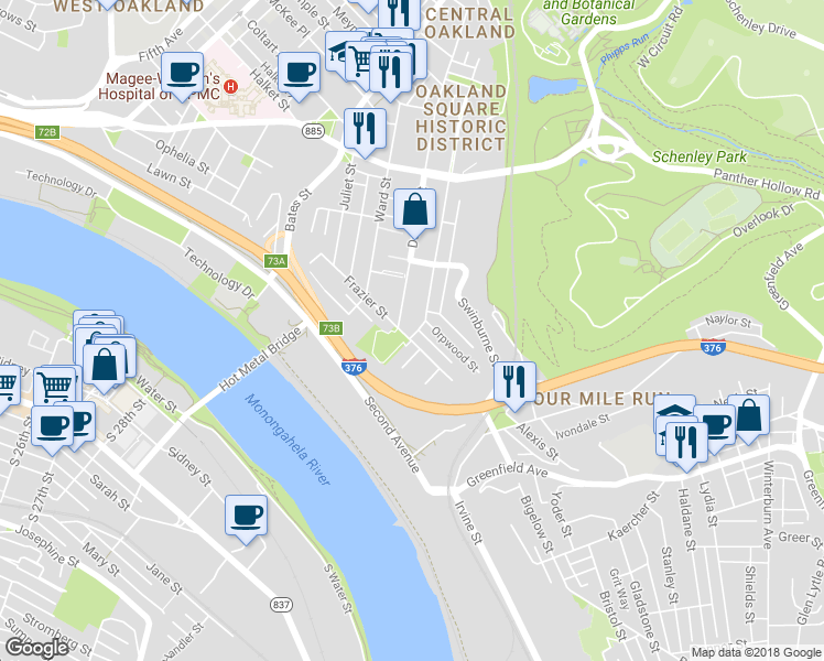 map of restaurants, bars, coffee shops, grocery stores, and more near 3706 Orpwood Street in Pittsburgh