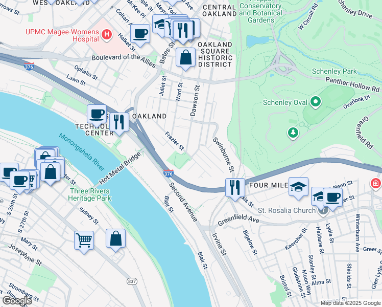 map of restaurants, bars, coffee shops, grocery stores, and more near 3638 Frazier Street in Pittsburgh
