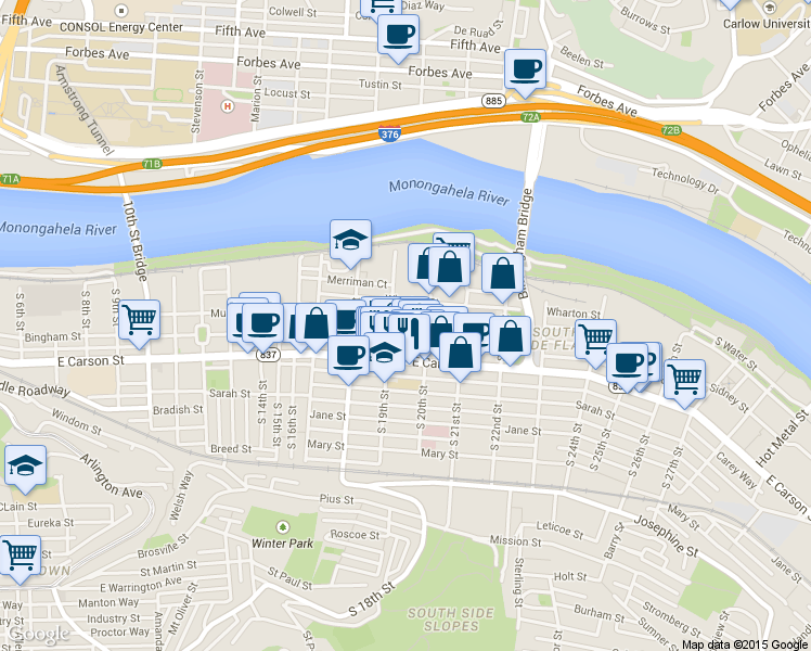 map of restaurants, bars, coffee shops, grocery stores, and more near 1910 Sidney Street in Pittsburgh