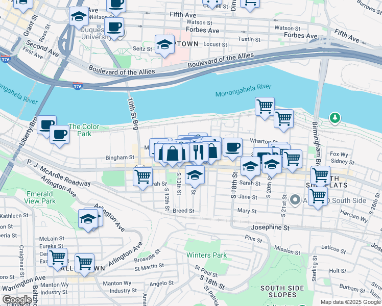 map of restaurants, bars, coffee shops, grocery stores, and more near 1323 Bingham Street in Pittsburgh