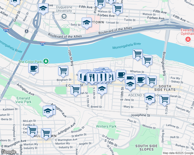 map of restaurants, bars, coffee shops, grocery stores, and more near 1323 Bingham Street in Pittsburgh