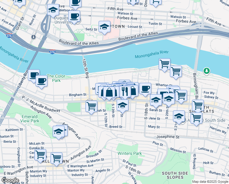 map of restaurants, bars, coffee shops, grocery stores, and more near 1323 Bingham Street in Pittsburgh