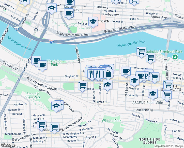 map of restaurants, bars, coffee shops, grocery stores, and more near in Pittsburgh