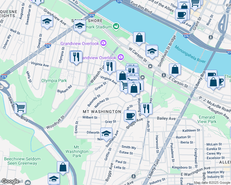 map of restaurants, bars, coffee shops, grocery stores, and more near 34 Natchez Street in Pittsburgh