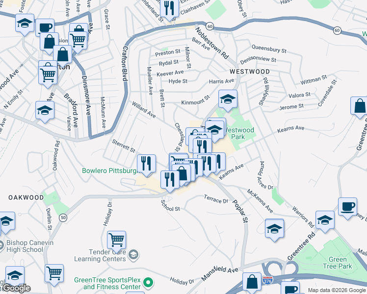 map of restaurants, bars, coffee shops, grocery stores, and more near 1831 Chessland Street in Pittsburgh
