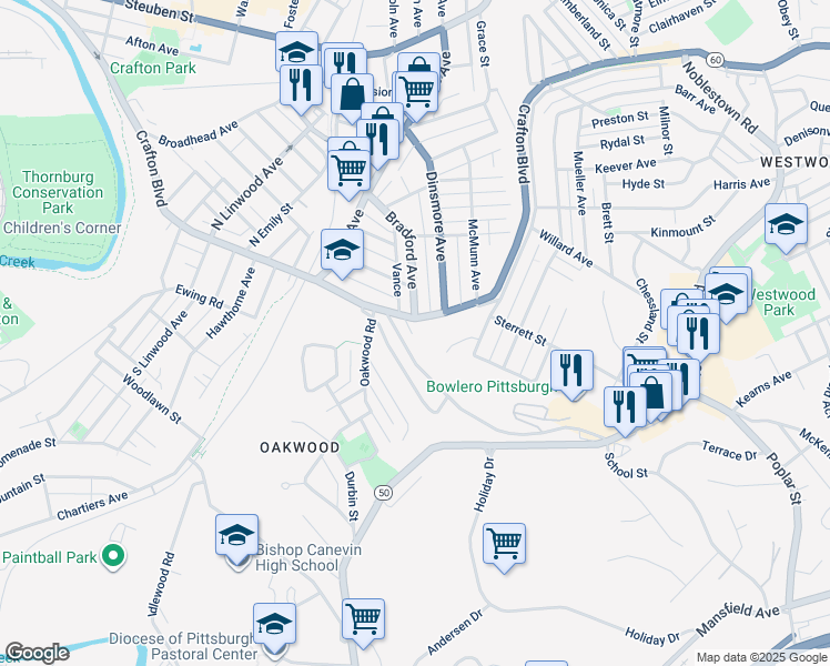 map of restaurants, bars, coffee shops, grocery stores, and more near 1765 Crafton Boulevard in Crafton