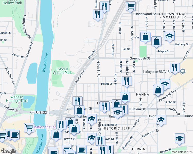 map of restaurants, bars, coffee shops, grocery stores, and more near 816 Roberts Street in Lafayette