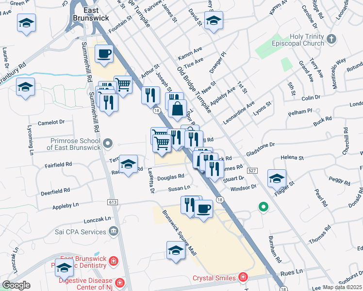 map of restaurants, bars, coffee shops, grocery stores, and more near 689 New Jersey 18 in East Brunswick